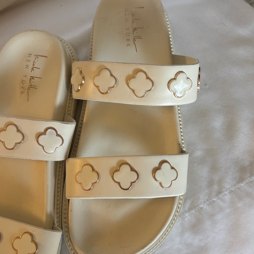 Nicole Miller ivory Slide Sandals with Gold Floral Detail - Picture 2 of 6